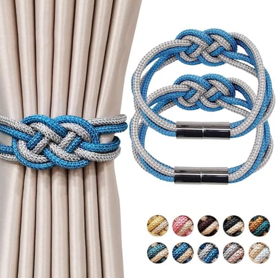 Jolly Set van 2 magnetische gordijnhouders in Scandinavische stijl, decoratieve gordijnhouders van geweven touw, voor raamgordijnen voor thuis en op kantoor (blauw en grijs)
