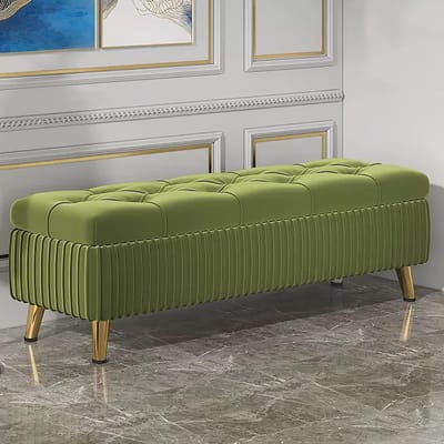 Opbergpoef met Fluweel - Gestoffeerde Bank - Ruimte Organiseren - Met Knoopdetails - 100 cm - Blauw