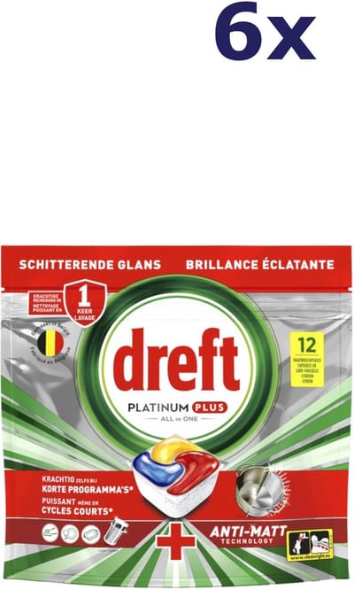 6x Dreft Platinum plus Allin1 - 12tabs186g anti-matt original lemon Vaatwastabletten