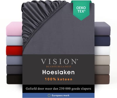 VISION Hoeslaken - 100% katoen - 180x200 cm met ruime hoek van 30cm - Geschikt voor boxspring matras - Donkergrijs - Oekotex gecertificeerd