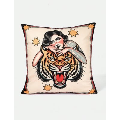 Vintage Tijger Kussensloop Tattoo Art Stijl Kussenhoes Pin-Up Meisje Print, Old School Rockabilly Decor Sterrenpatroon Sierkussen 60x60cm