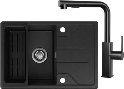 CECIPA max Spoelbak Keuken 65x45cm - Enkele Spoelbakken Graniet Met Keukenkraan - Multifunctionele Spoelbak Met Planchet en Afvoermand - Met waterafvoersysteem - Voor 45 cm kast - Zwart