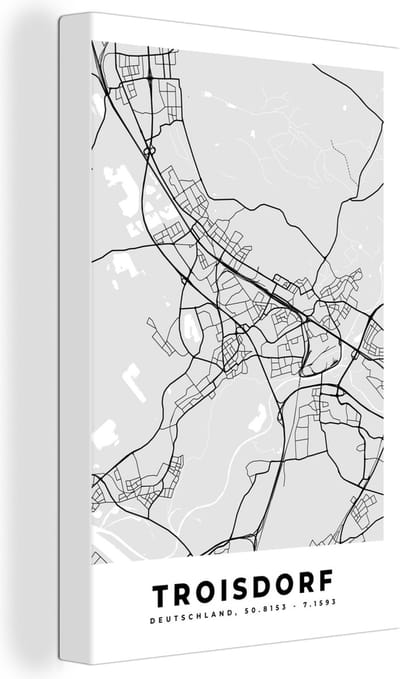 Canvas Schilderij Kaart - Troisdorf - Duitsland - Plattegrond - Stadskaart - 20x30 cm - Wanddecoratie