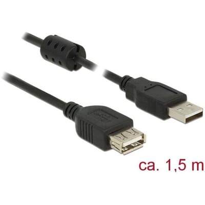 Delock USB-kabel USB 2.0 USB-A stekker, USB-A bus 1.50 m Zwart Met Ferrietkern 84884