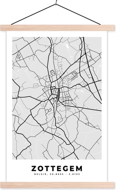 Posterhanger incl. Poster 40x60 cm - Schoolplaat - België – Zottegem – Stadskaart – Kaart – Zwart Wit – Plattegrond - Textielposter - Blanke latten - Stadskaart