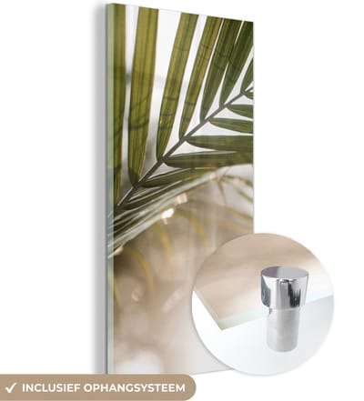 MuchoWow® Glasschilderij 20x40 cm - Schilderij acrylglas - Palmboom - Palmblad - Zon - Zomer - Foto op glas - Schilderijen