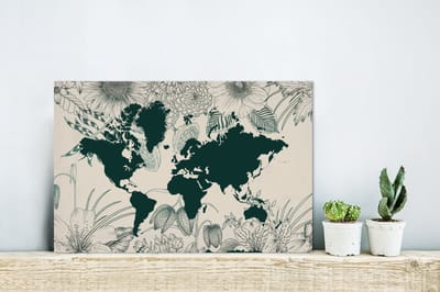 Aluminium schilderij 30x20 cm - Wanddecoratie metaal - Wereldkaart - Bloemen - Planten - Metalen muurdecoratie woonkamer - Decoratie industrieel - Foto op dibond - Industriële accessoires slaapkamer