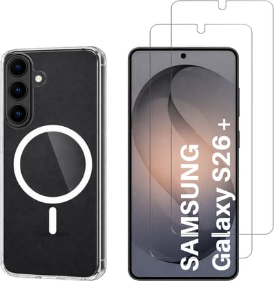 Samsung Galaxy S26 Plus Hoesje backcover Shockproof siliconen Transparant met geïntegreerde magnetische cirkel en 2 stuks Screenprotector Gehard Glas