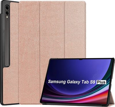 Hoes Geschikt voor Samsung Galaxy Tab S9 Plus / S9 FE Plus hoes tri-fold bookcase met auto/wake functie Rose Goud - Tab S9 Plus / S9 FE Plus Hoes smart cover