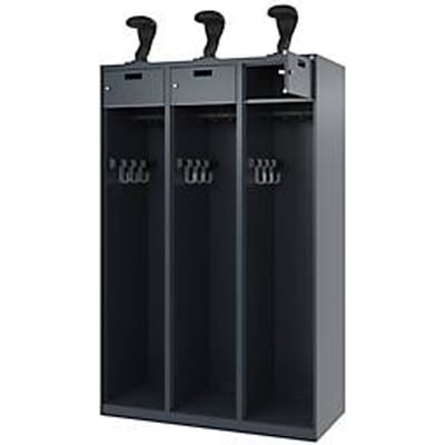 Brandweerkluis C+P Evolo PRAKTUS, 3 vakken, helmhouder, met sokkel, vloerglijders, B 1200 x D 500 x H 1850 mm, RAL 7016 antracietgrijs