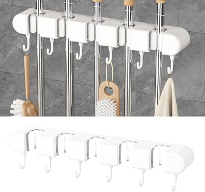 Zelfklevende Bezem- en Dweilhanger met 5 Posities en 6 Haken - Wandmontage Organizer voor Keuken, Badkamer, Garage en Tuin