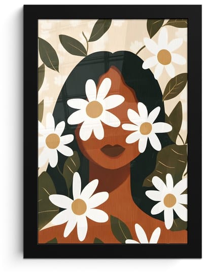 Poster in lijst - Fotolijst 20x30 cm - Posters - Illustratie - Vrouw - Madeliefjes - Wit - Posterlijst zwart - Decoratie - Wanddecoratie woonkamer - Muurdecoratie slaapkamer