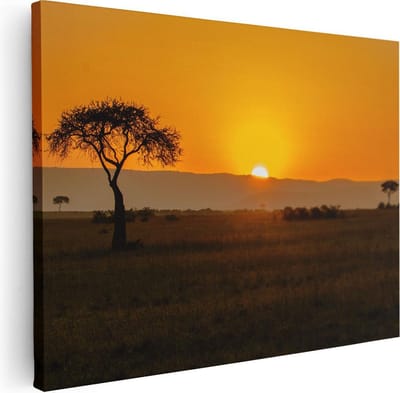 Artaza Canvas Schilderij Afrika - 80x60 cm - Wanddecoratie Zonsondergang - Muurdecoratie Boom - Schilderijen Op Canvas Savanne