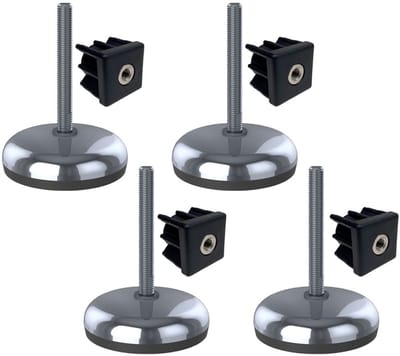 Roestvrijstalen voet M12x100 met een voetplaat van 100 mm, voorzien van een rubberen onderlaag + inzetstuk 30x30x1,5 mm – Set van 4