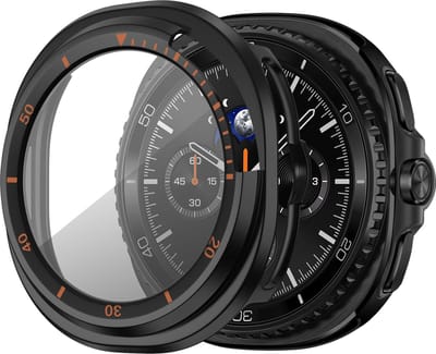 Bandz PC hard case hoesje met screenprotector - geschikt voor Samsung Galaxy Watch 8 Classic - beschermhoes van hard plastic met bezel - full cover (zwart met oranje)