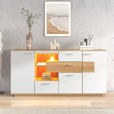 MODFU Opbergkast 160x40x77 cm van MDF, met deuren en laden, met LED-verlichting