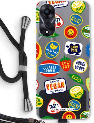 Case Company® - Hoesje met koord geschikt voor Oppo A78 5G hoesje met Koord - Fruitsticker - Telefoonhoesje met Zwart Koord - Bescherming aan alle Kanten en Over de Schermrand