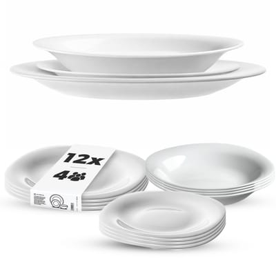 KADAX servies voor 4 personen, 12-delig, servies met soepbord, dessertbord en dinerbord, eetgerei, servies, bordservies (wit XL)