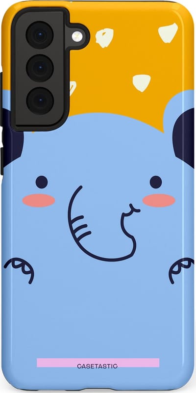 Casetastic hoesje geschikt voor Samsung Galaxy S21 FE 5G - Dubbellaagse bescherming - Knuffel van olifant - Fashion Case - Lichtblauw Okergeel