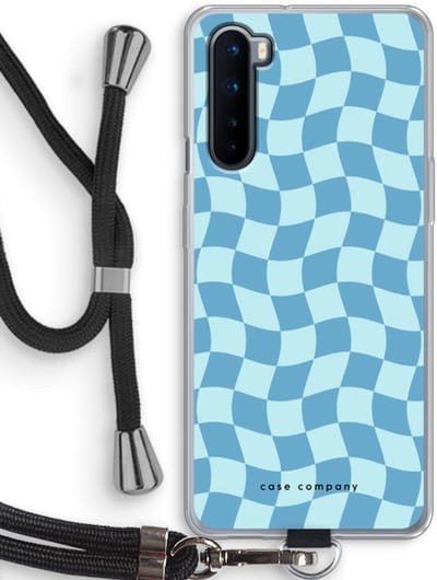 Case Company® - Hoesje met koord geschikt voor OnePlus Nord hoesje met Koord - Grid Blauw - Telefoonhoesje met Zwart Koord - Bescherming aan alle Kanten en Over de Schermrand