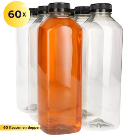 60 x Sapfles Plastic 1000 ml - Vierkant - R-PET Flessen met Dop Zwart- Gerecycled PET - tot 60% minder Co2 uitstoot - 60 stuks