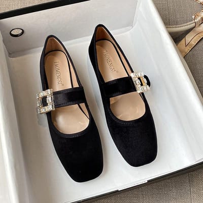 Water Diamant Vierkante Gesp Ballerina's Dames Enkelschoenen Mary Jane Schoenen 43 black