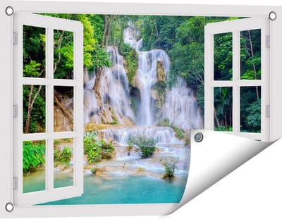 Gards Tuinposter Doorkijk Waterval in het Tropische Natuur - 60x40 cm - Tuindoek - Tuindecoratie - Wanddecoratie buiten - Tuinschilderij
