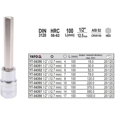 YATO Serie - Inbussleutel - 17 mm - 1/2" - 100 mm