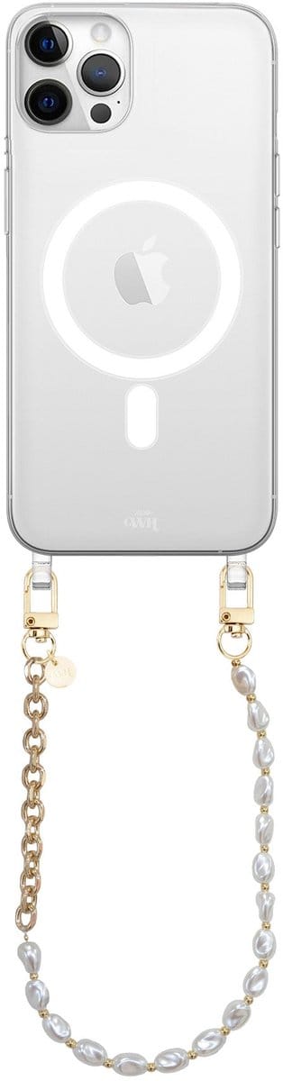 xoxo Wildhearts magnetisch hoesje geschikt voor iPhone 12 Pro Max MagSafe - Over The Moon - Transparant telefoonhoesje met koord - Telefoonkoord - Parelketting met gouden schakels - Kort koord
