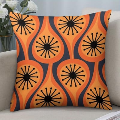 Retro Oranje Geometrische Kussensloop, Mid-Century Modern Kussenhoes, Abstract Bloemenpatroon Woondecoratie, Vintage Woonkamer 45x45cm