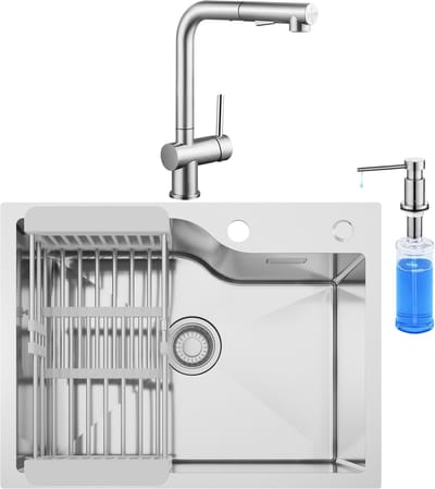 CECIPA max Spoelbak Keuken 60x45CM - Spoelbakken met Afdruiprek - Enkele spoelbak Met Keukenkraan met Uittrekbare Uitloop en Zeepdispenser 300ML - Incl. Sifon en Afvoerzeefje - RVS