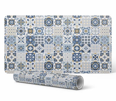 Bureauonderlegger met grafische print voor thuis en op kantoor, retro tegels, 90x45 cm
