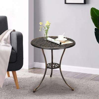 Ronde Gietaluminium Bistro Tuintafel Ø60cm Met Parasolgat - Roest - En Weerbestendig Voor Balkon Tuin Terras - 66cm Hoog
