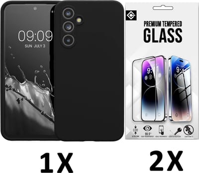 Casemania Hoesje + Glas Geschikt voor Samsung Galaxy A26 - Zwart - Siliconen Back Cover - 2x Glazen Screenprotector