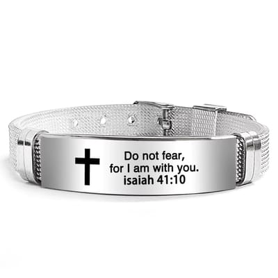 Christelijke Armband Unisex - Met Kruis & Bijbeltekst (Jesaja 41:10) - Zilverkleurig Siliconen & RVS - Verstelbaar & Stijlvol - Betekenisvol Geloof Cadeau