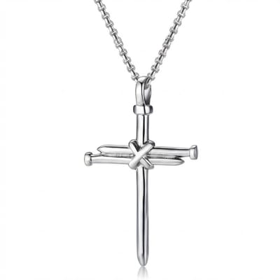 Zilverkleurige kruis hanger ketting voor heren – schakelketting met spijker design