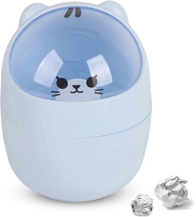 Leuke mini-prullenbak voor op het bureau met deksel, vuilnisbak in de vorm van een cartoonkat met draaibaar deksel, mini-prullenbak voor op het aanrecht, kleine prullenbak voor op het aanrecht (blauw)