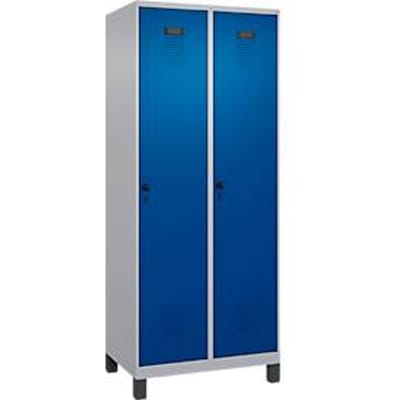 C+P Evolo Plus garderobekast, 2 vakken, 400 mm vakbreedte, met poten, rechts scharnierend, soft-close, inbraakwerend, B 800 x D 500 x H 1950 mm, veiligheidsslot met draaigrendel, alu wit RAL 9006/genziana blauw RAL 5010