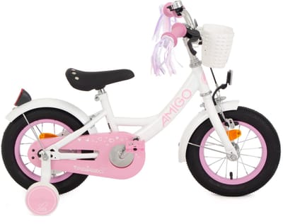 AMIGO Perfect Meisjesfiets - Kinderfiets voor Meisjes - 12 Inch 21 cm - Terugtraprem - Wit/Roze