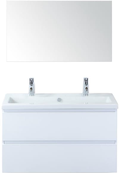 Vogue Badmeubelset 100 cm - Greeplijst in Kleur - Wit Hoogglans - Keramische Wastafel Wit 2 Kraangaten met Spiegel
