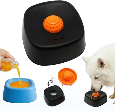 Slow Feeder Bowl voor Honden en Katten, Bolvormige Vloeibare Likkom met Roterende Likbal voor Vloeibaar Natvoer, Angstverlichting Verrijkingsspeelgoed - zwart - Gele bal