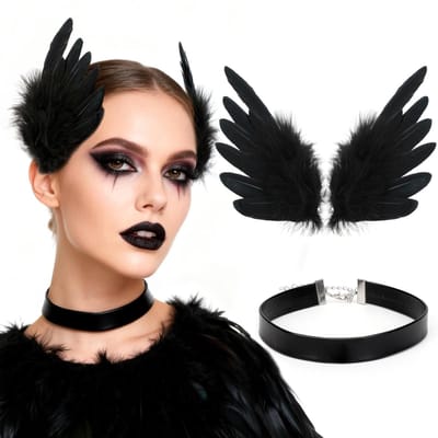 Dailygoods- Veerhaarspeld Zwart - Haarsieraad Bruid - Haaraccessoires - Engelenvleugels - Leren Choker - Handgemaakt