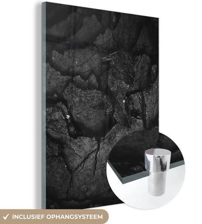 Glasschilderij zwart wit - Steen - Zwart - Wit - Gesteente - 120x160 cm - Muurdecoratie - Woonkamer decoratie