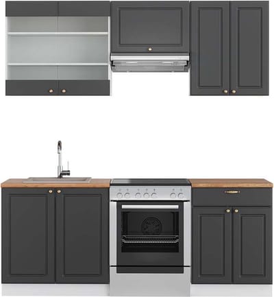 Vicco Fame-Line Complete keukeneenheid – 200 cm, WB Eik Antraciet-Goud/Wit