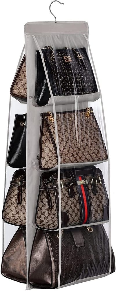 Famanu - Handtas Opknoping Organizer (8 Pocket), Opknoping Purse Organizer Handtas Opberghanger Oxford Doek Closet Organizer voor Familie Kast Slaapkamer, Opvouwbaar en Universele Fit, Grijs