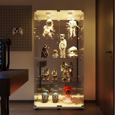 Glazen vitrinekast met LED-verlichting, 2 deuren, 4 planken, spiegelende achterwand, geschikt voor het tentoonstellen van verzamelobjecten in woonkamers en hallen - Wit