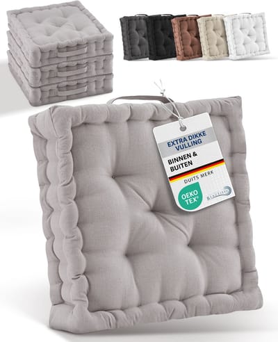 Beautissu Zitkussen Set van 4 Matraskussen 40x40x8 cm - vloerkussen met praktische draaggreep - kussen taupe - Mila