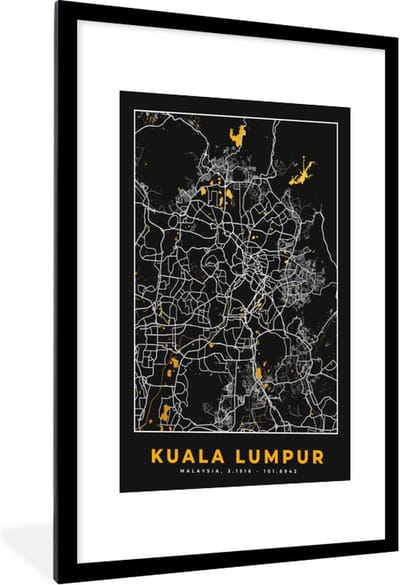 Fotolijst incl. Poster - Kuala Lumpur - Stadskaart - Plattegrond - Goud - Kaart - 60x90 cm - Posterlijst
