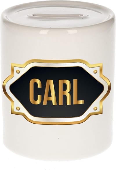 Spaarpot met voornaam Carl - wit - met goud/zwart embleem - 8 x 9 cm - keramiek - met afsluitdop - cadeau verjaardag