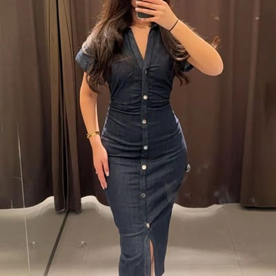 Nieuwe Midi-denimjurk met korte mouwen en revers voor dameskleding S black